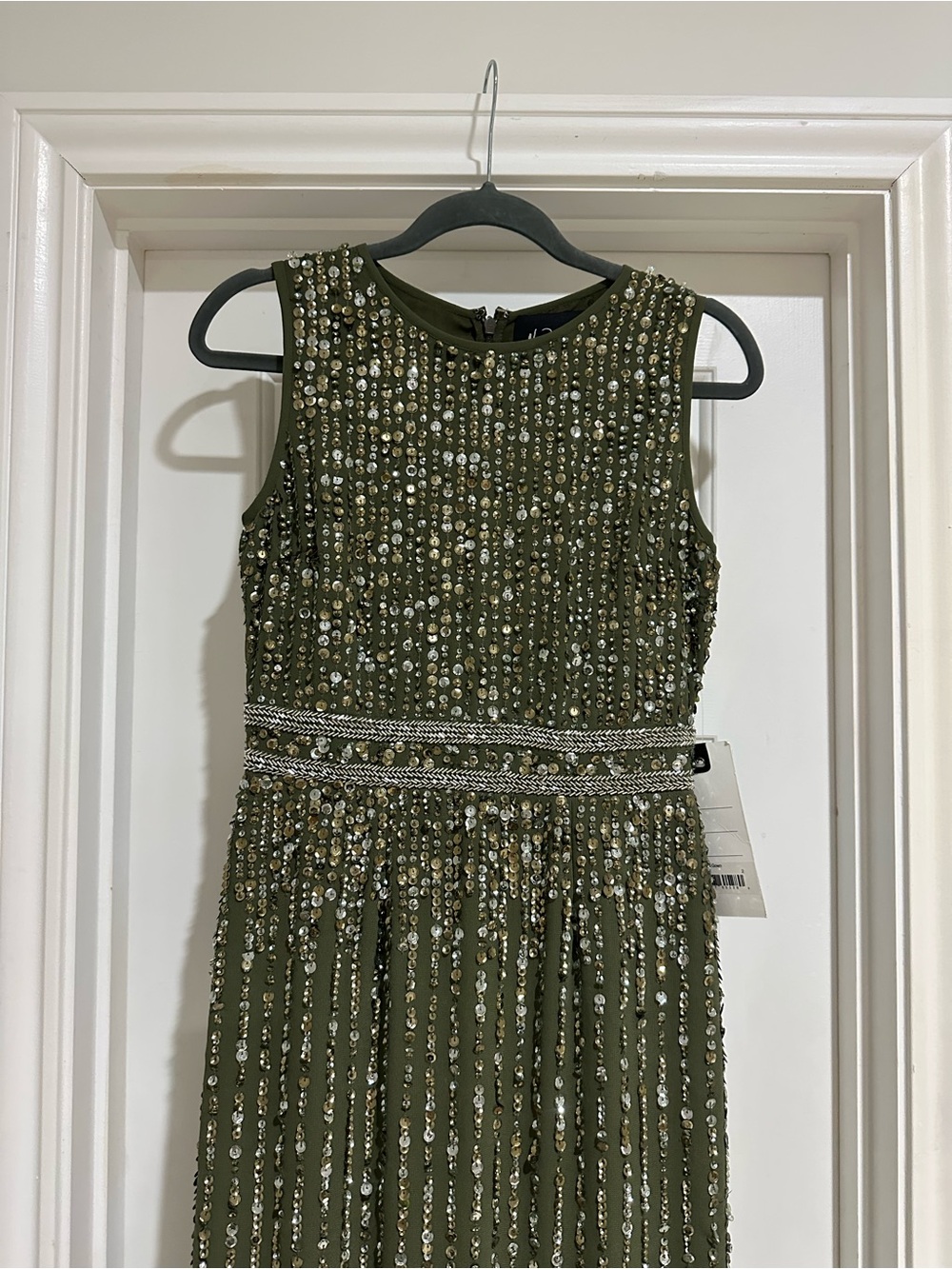 Mac Duggal Olive Green Beaded Sleeveless Maxi Gown